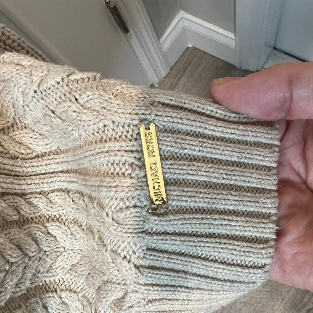 Michael Kors Womens Sweater Cold Shoulder Cable Knit Beige Size S